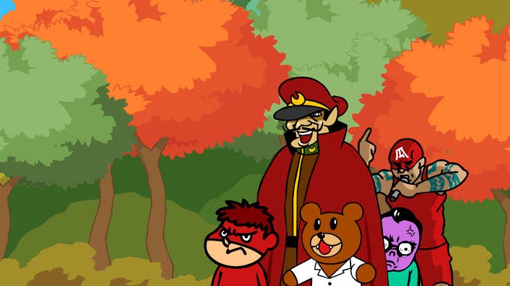 「鷹の爪団も今日は世界征服をお休みして、紅葉狩りに来ています。総統が紅葉の攻撃を受」|吉田@鷹の爪団(本物)のイラスト