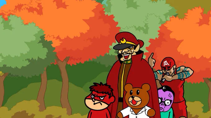 鷹の爪団も今日は世界征服をお休みして、紅葉狩りに来ています。総統が紅葉の攻撃を受けて負傷してしまいました。紅葉狩りは命がけです。 