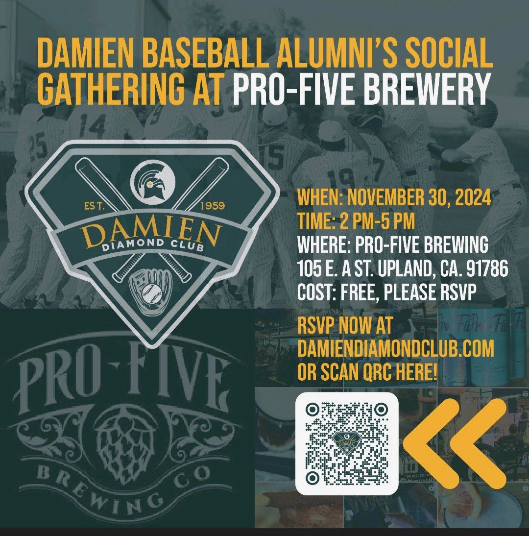 Hello Damien Alumni and Diamond Club Members…
Please join us and our @damiendiamondclub for a fun social gathering with free 🍺🍺🍺 and live music.
#DamienSpartansBaseball #DamienDiamondClub
#DamienAlumni
#WithOurShieldOrOnIt