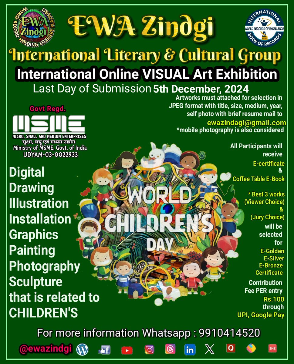 ewazindgi's tweet photo. All categories will be judged seperately:
Category A: Below 10 years
Category B: 10 to 17 years
Category C: 18 and above
#EwaZindgi #ईवा_ज़िंदगी #childrensday #InternationalOnlineVisualArtExhibition1 #CreativeArt #artist #artwork #Art #ArtistCommunity #Artists https://t.co/O4MC8H5KBB