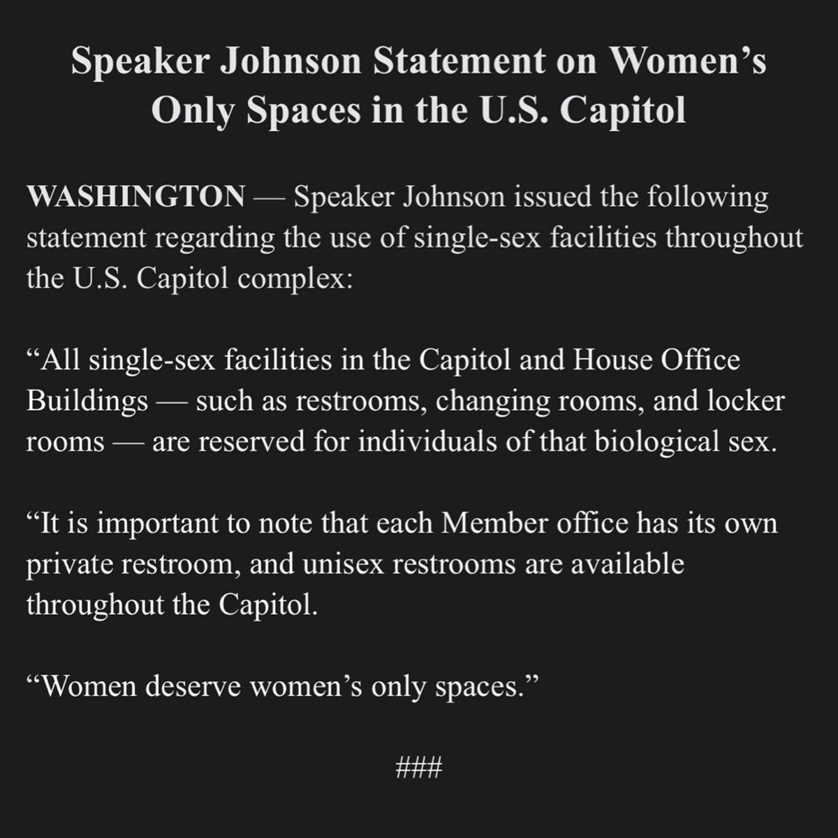 libsoftiktok's tweet image. BREAKING: Speaker Mike Johnson announces that men will be banned from using women’s restrooms and locker rooms on Capitol Hill