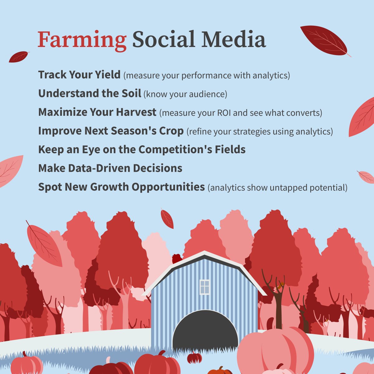 DaxiaDigital's tweet image. Just like a successful fall harvest, your social media strategy thrives when you understand your yield. Use analytics to track performance, optimize for growth, and plant seeds for future success. Ready to reap the benefits? 🌾 

#SocialMediaAnalytics #DigitalMarketingTips