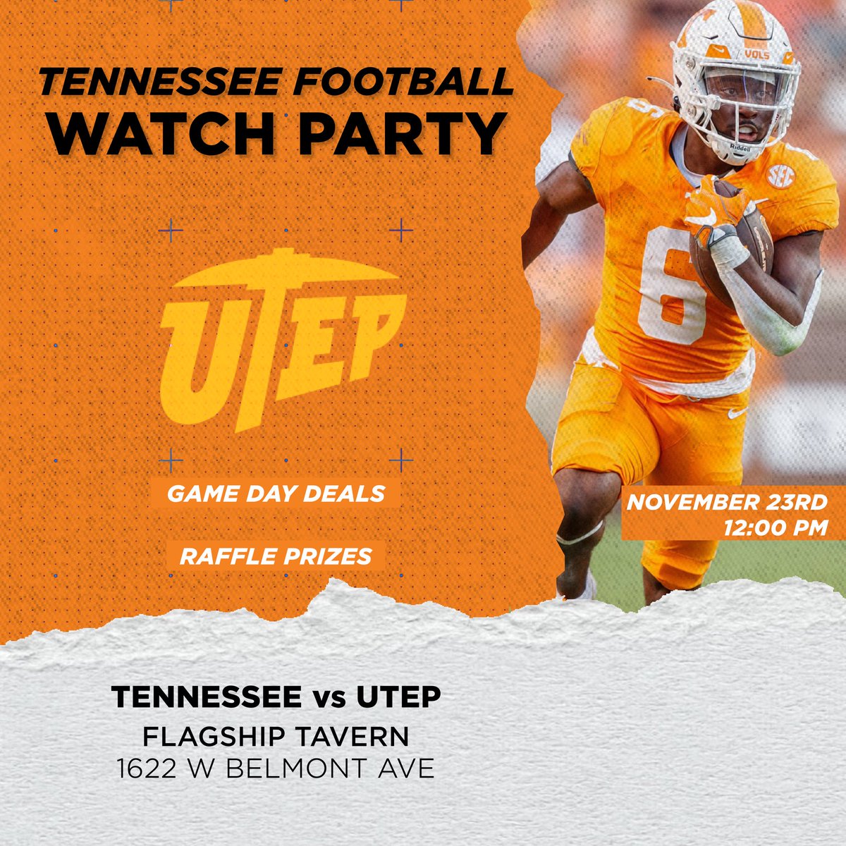 Tennessee vs UTEP watch party at Flagship Tavern at 12:00 PM CST this Saturday, November 23rd! Come out and support the Vols at the only official watch party in Chicago!!