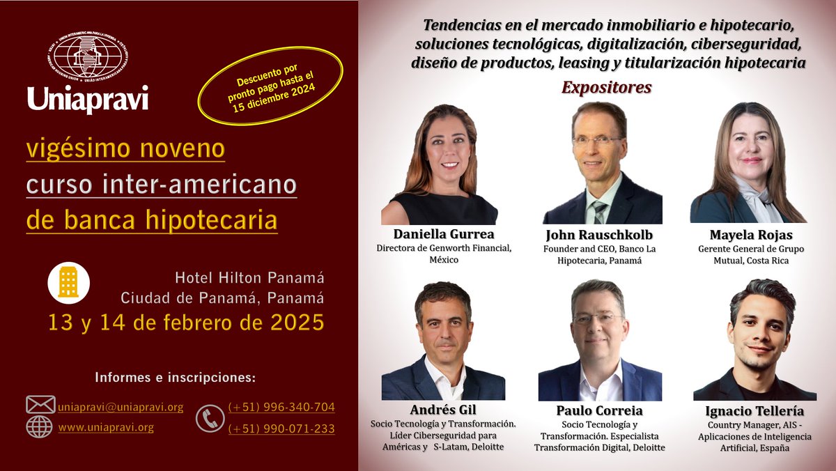 UNIAPRAVI's tweet photo. Líderes y expertos internacionales analizarán el panorama actual, tendencias en el mercado de #vivienda, durante el 29° Curso de Banca Hipotecaria de @Uniapravi.
📆 13 y 14 Feb 2025.
📍Hotel Hilton Panamá
ℹ Folleto: https://t.co/FXwvsfljMl
✅Registro: https://t.co/EUlW20AUlz https://t.co/1AJYfIdr6f