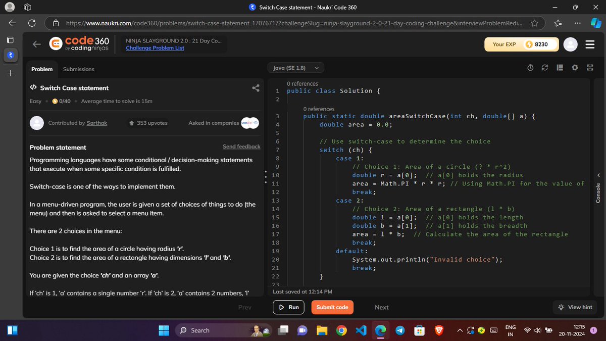 iHaseeebb's tweet image. Day: 1,2 and 3 of 21 days challenge of Coding Ninjas x Slay Coffee in NINJA SLAYGROUND 2.0

Question 1: Switch Case Statement 
Question 2:Nth Fibonacci Number
Question 3: Numbers of digits
Language: Java

@CodingNinjasOff
@drinkslaycoffee
#NinjaSlayground #CodingNinjasStudio