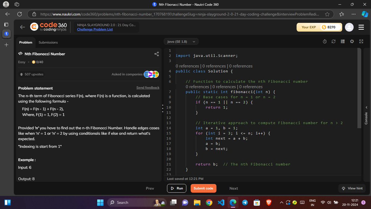 iHaseeebb's tweet image. Day: 1,2 and 3 of 21 days challenge of Coding Ninjas x Slay Coffee in NINJA SLAYGROUND 2.0

Question 1: Switch Case Statement 
Question 2:Nth Fibonacci Number
Question 3: Numbers of digits
Language: Java

@CodingNinjasOff
@drinkslaycoffee
#NinjaSlayground #CodingNinjasStudio