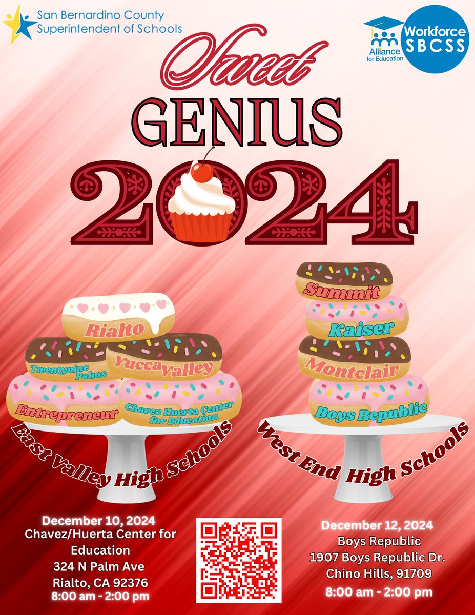 🎉 Sweet Genius is here! 🎂🍩
We’re thrilled to announce the schools participating in this year’s competition:

<a href="/RialtoUSD/">Rialto Unified School District</a>, <a href="/MorongoUnified/">Morongo Unified School District</a>, <a href="/CJUHSD/">Supt. Mat Holton</a>, <a href="/SummitSkyHawks/">Summit High School</a>, <a href="/KHSASB/">Kaiser HS ASB</a>, <a href="/FontanaUnified/">Fontana Unified</a>, <a href="/BoysRepublicCH/">Boys Republic</a> 

Who will take the cake? Stay tuned for updates!  👩‍🍳👨‍🍳