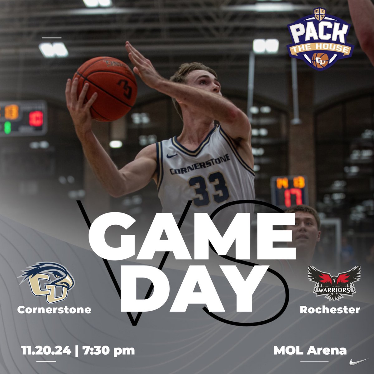 🚨PACK THE HOUSE GAME DAY🚨

Men’s basketball is home tonight playing Rochester Christian University! It’s the annual Pack the House game so come out and support! 

⏰: 7:30
🆚: Rochester 
🏟️: Mol Arena