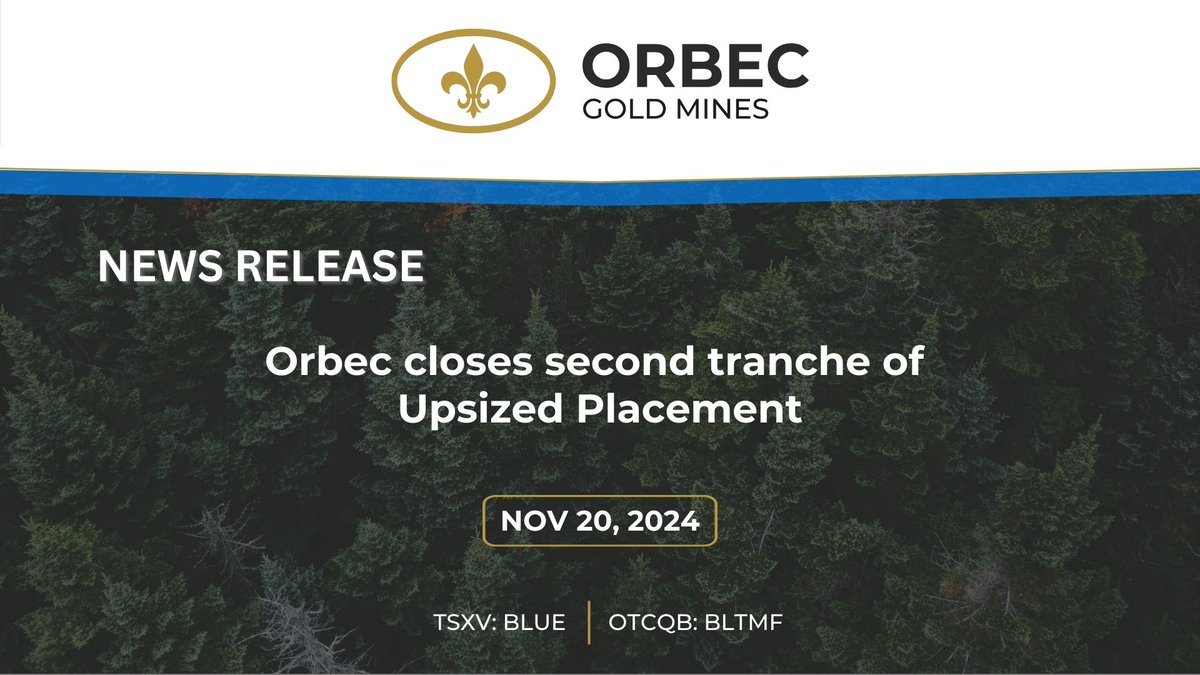 OrbecGoldMines's tweet photo. 🔷🔹 $BLUE | $BLTMF 🔹🔷
Mines D'Or Orbec Inc. has successfully closed the second tranche of its upsized $1.5 million non-brokered private placement, raising an additional $756,975.00.
This funding will support the advancement of the #Muus #Gold Project near #Chibougamau, #Quebec .
For more details, read the full release: https://t.co/wqv9b4o5wD
#OrbecGoldMines #GoldMining #InvestinMining #JuniorMining #TSXVBLUE