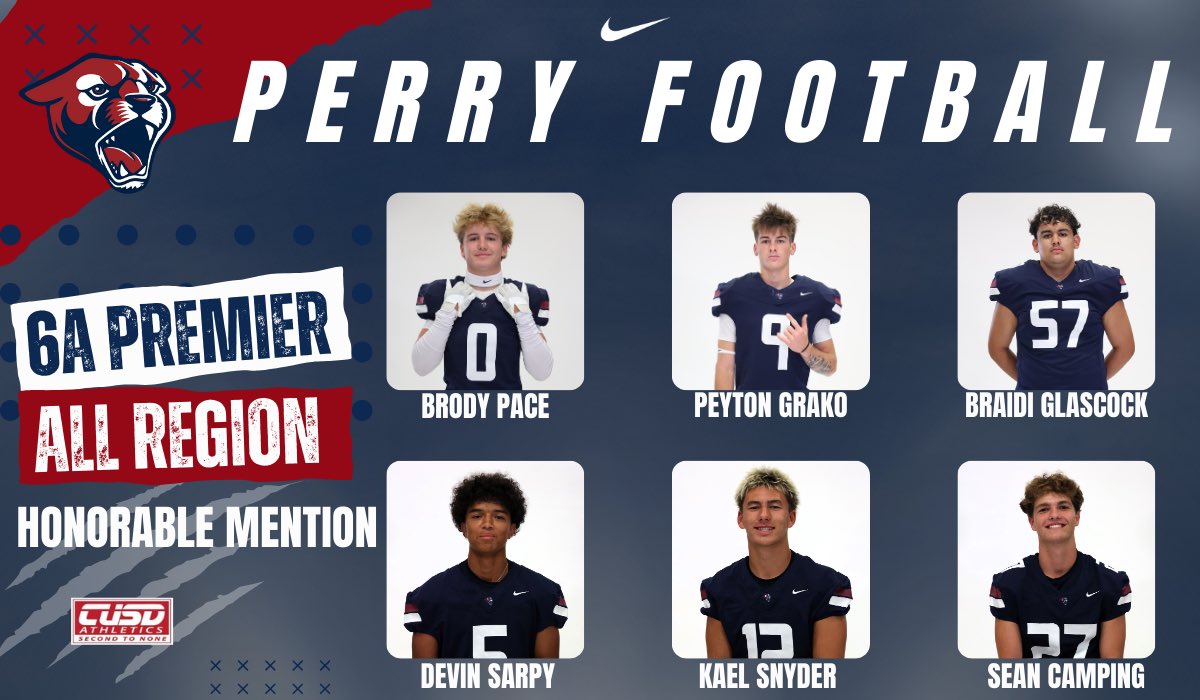 Congratulations <a href="/BrodyPace02/">Brody Pace</a>, <a href="/GrakoPeyton/">Peyton Grako</a>, <a href="/BraidiGlascock/">Braidi Glascock</a>, <a href="/Devin_Sarpy32/">Devin Sarpy/5’11/185/ DB #5</a>, <a href="/Kael_Snyder12/">Kael Snyder</a> &amp; <a href="/SeanCampingg/">Sean Camping</a> for being nominated for 6A Premier All Region Honorable Mention! 🏆