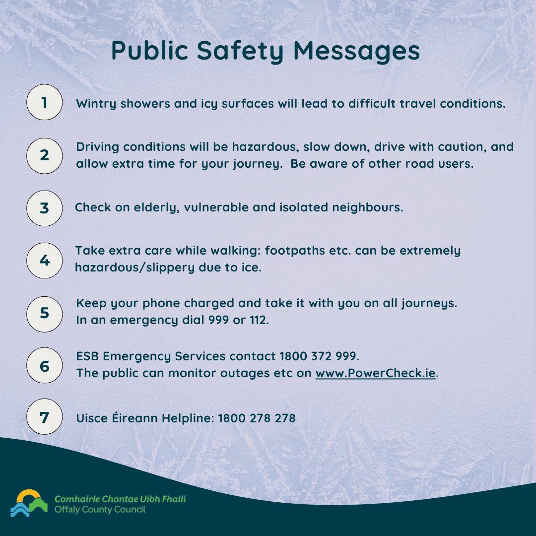 offalycoco's tweet image. ⚠️Yellow Warnings for #Offaly - Snow-Ice &amp;amp; Low Temp⚠️

⏰ Valid until 12noon 21.11.24

#MetEireann advise impacts include:

• Hazardous travelling conditions
• Poor visibility
• Travel disruption
• Animal welfare issues

#Snow #Frost

#BeWinterReady