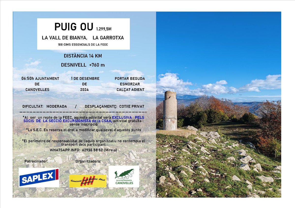 "100 cims" de la temporada, el tenim a tocar. Aquesta vegada sortirem del Ripollès i ens endisarem a la Garrotxa, amb els seus boscos caducs i la màgia d'un cim especial... Ens hi veurem?
<a href="/lacomi/">comissió sant antoni</a>