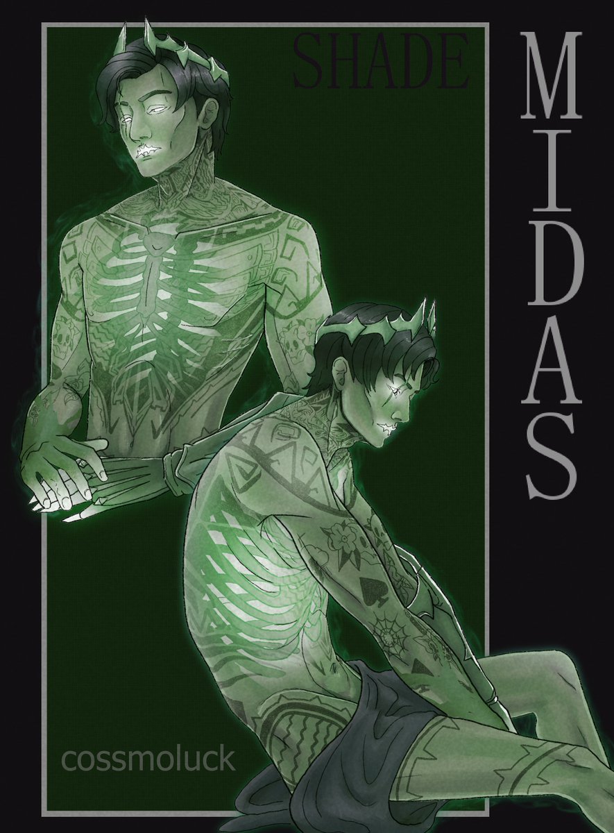 the tattoos and ribs nearly turned ME into a ghost too,, alas- a drawing of our favorite undead king!! shade midas!! (royal fanfare commencing) 💚💚💚

#Fortnite #FortniteArt #Midas #ShadeMidas