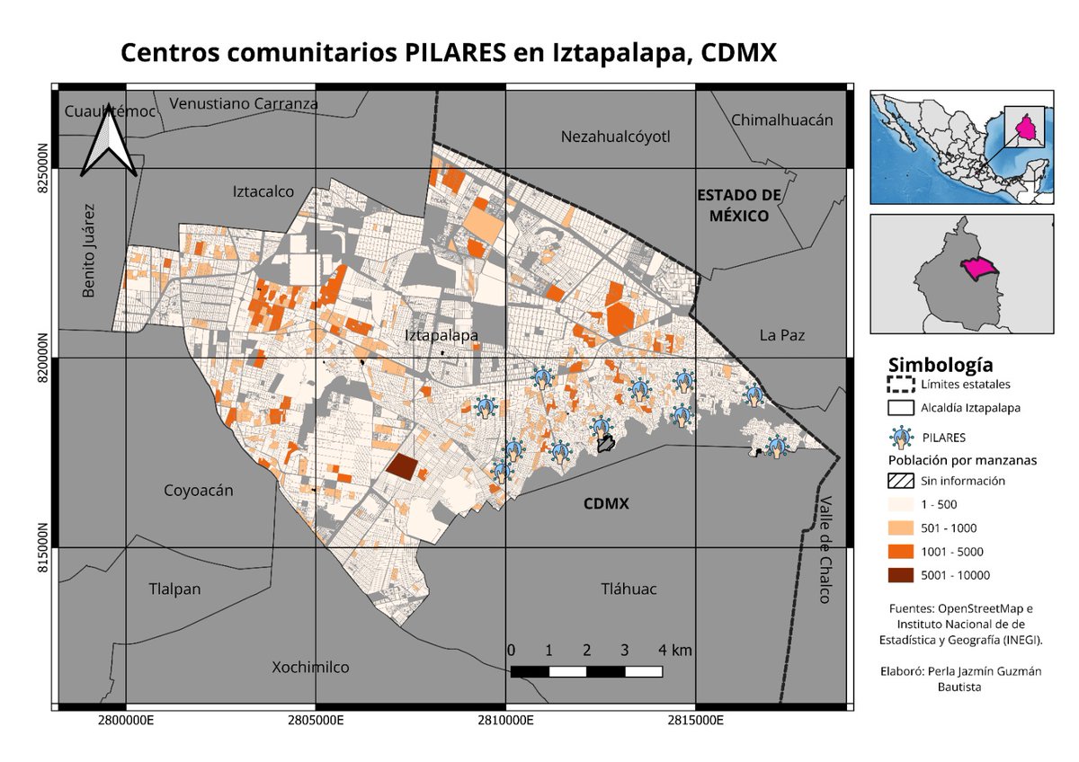 GeoEnYucatan's tweet photo. #30DayMapChallenge: OpenStreetMap(1). Mapa elaborado por la Geóg Jazmín Guzmán. Puntos de Innovación, Libertad, Arte, Educación y Saberes (PILARES) son centros comunitarios que, tienen el objetivo de disminuir la violencia y desigualdad en zonas de mayor marginación de la CDMX. https://t.co/CmZmEhDJYd