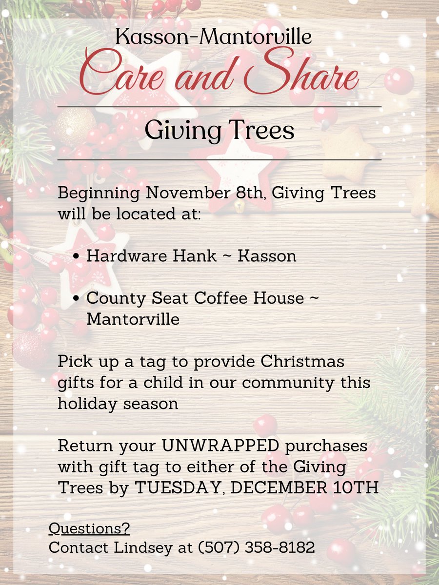 District204's tweet photo. 🎄REMINDER! 🎅KM Care &amp; Share giving trees still have a few tags for folks to grab &amp; help out local families! Gifts need to be returned to either location by TUES DEC 10. Thanks for considering! @KM_CommunityEd https://t.co/SZlLhcyslZ