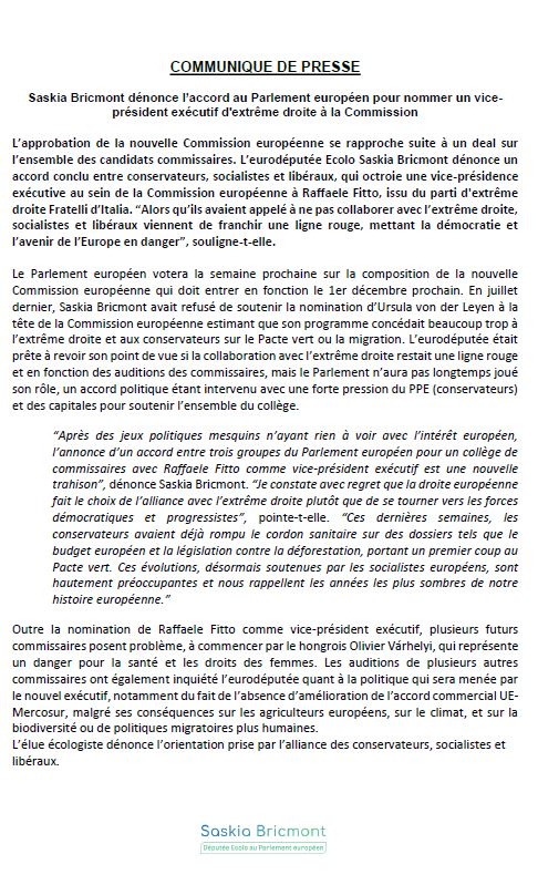 saskiabricmont's tweet photo. 🔴Conservateurs, socialistes et libéraux viennent de s'accorder en vue du vote sur la future @EU_Commission  la semaine prochaine. 

Ils confirment qu'elle comptera un vice-président exécutif d’extrême droite. Déplorable ! https://t.co/dTctcbDAgp