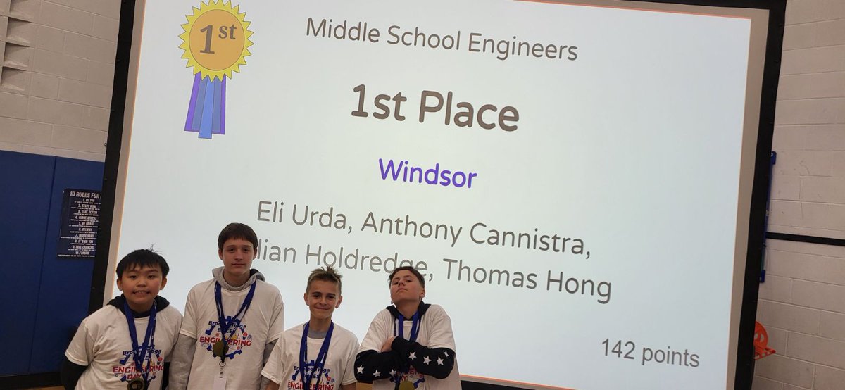 Windsor_CSD's tweet photo. Back-to-back champs. For the 2nd year in a row, a Windsor Central Middle School team won 1st place at BOCES Engineering Day. Congratulations to Eli Urda, Anthony Cannistra, Julian Holdredge, and Thomas Hong for taking first place. WCMS sent five teams to BOCES Engineering Day. https://t.co/bTwBvpsgAJ