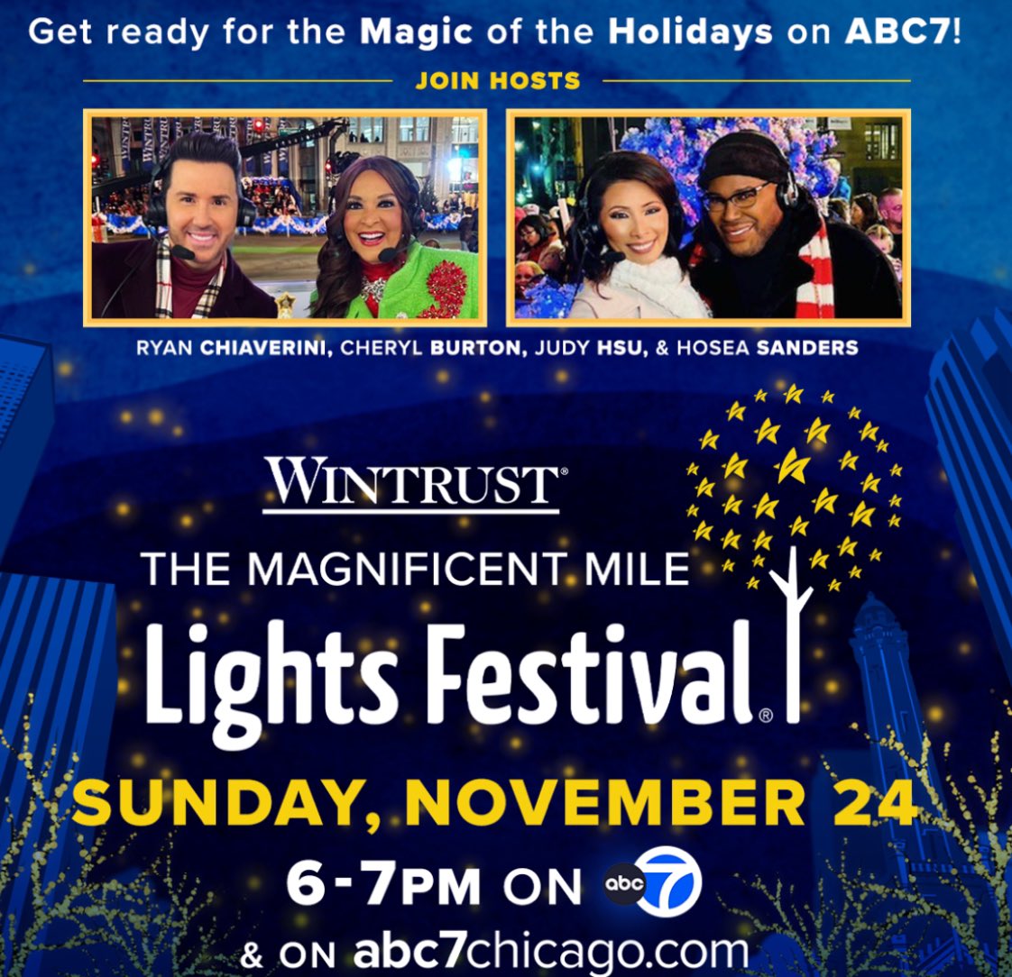 RyanChiaverini's tweet photo. Join us for the Magnificent Mile Lights Festival! Parade is Saturday evening & the broadcast is Sunday at 6pm on @ABC7Chicago 🎅🎄@BurtonABC7 @JudyHsuABC7 #Hoseasanders https://t.co/Ol6jYiJeqq