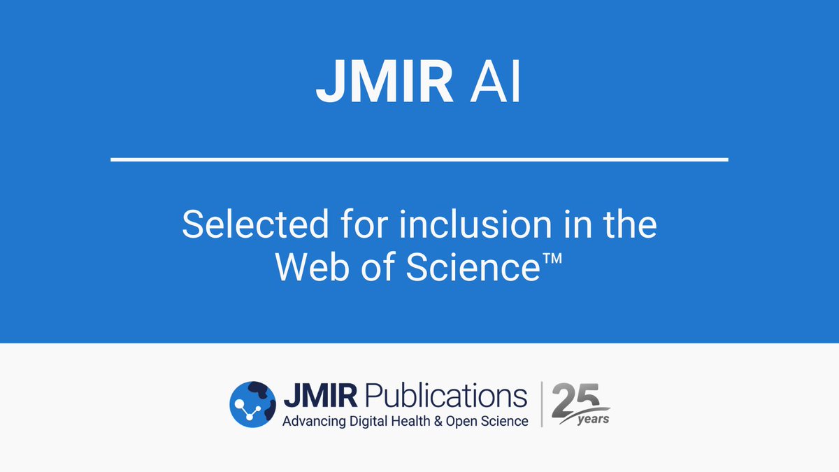 JMIR Publications (@jmirpub) on Twitter photo JMIR AI is now included in Web of Scienceโข and may receive its first Journal Impact Factor (JIF) as early as 2025!
Thank you to our editors, authors & reviewers for this milestone.
๐hubs.la/Q02YYJD80
#AI #DigitalHealth #WebOfScience <a href="/bradmalin/">Brad Malin</a> <a href="/kelemam/">Khaled El Emam</a> JMIR AI is now included in Web of Scienceโข and may receive its first Journal Impact Factor (JIF) as early as 2025!
Thank you to our editors, authors & reviewers for this milestone.
๐hubs.la/Q02YYJD80
#AI #DigitalHealth #WebOfScience <a href="/bradmalin/">Brad Malin</a> <a href="/kelemam/">Khaled El Emam</a>