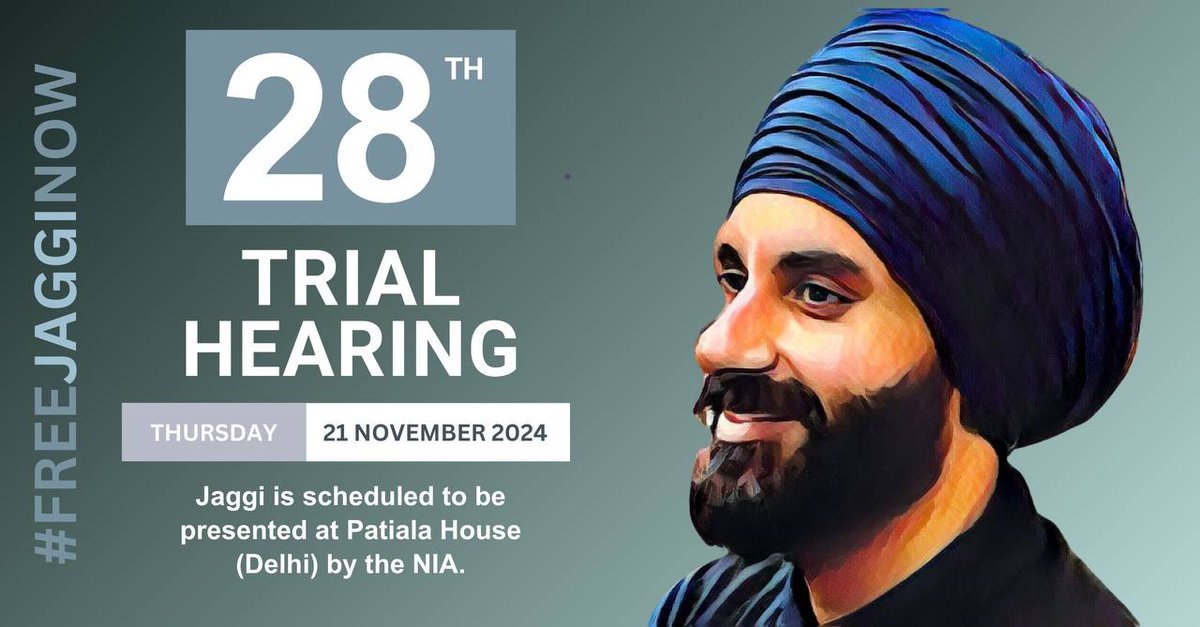 FreeJaggiNow's tweet image. 2574 DAYS IN DETENTION

Tomorrow, Thursday 21 November 2024 will see the NIA present Jaggi at Patiala House court in Delhi in what will be his 28th trial hearing.

#FreeJaggiNow