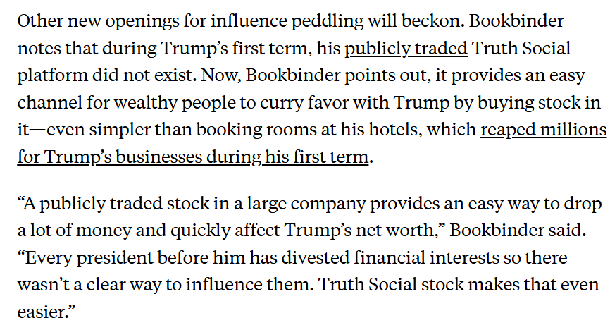 As I argued the other day, the conditions are ripe for right wing elites to loot the place from top to bottom. The failure to even have a public debate about Trump divesting is a key culprit identified in the piece: 

newrepublic.com/article/188467…