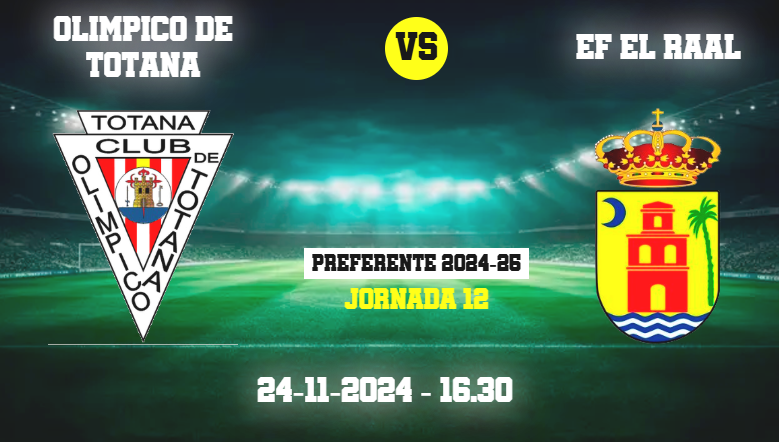 Preferente Autonómica
Domingo 24/11 Club Olímpico de Totana - EF Raal (16.30 Horas) Fuerzas igualadas entre alfareros y franjiverdes en un duelo directo por el play off. Partido de la jornada donde los locales defenderán su condición honorífica