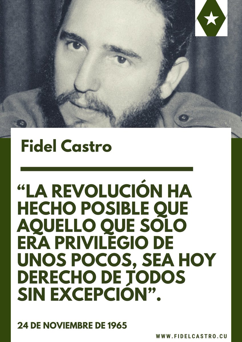 🎙 #FidelCastro “La Revolución ha hecho posible que aquello que solo era privilegio de unos pocos, sea hoy derecho de todos sin excepción”.

👉 Discurso de #Fidel, 24 de noviembre de 1965 bit.ly/2zLAdpo