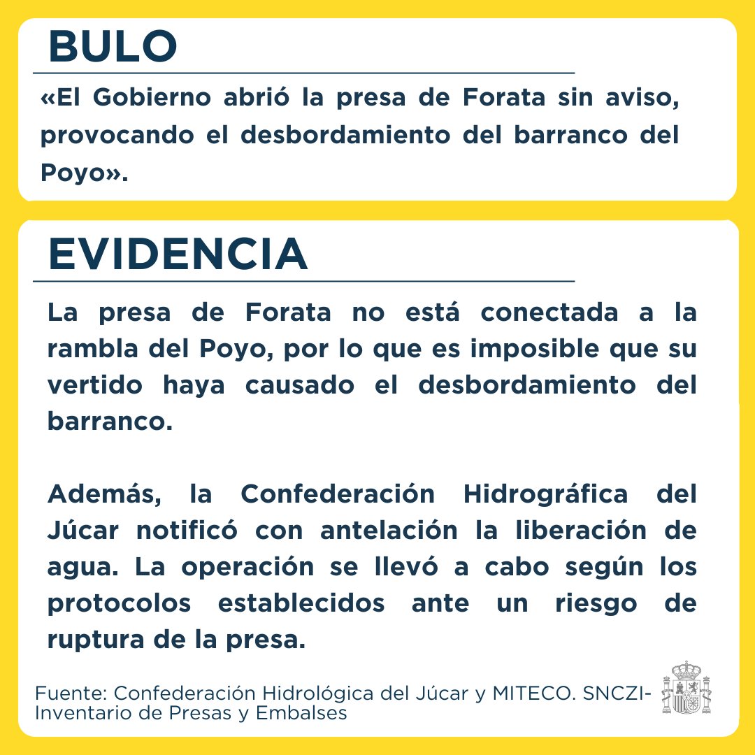 📢 La apertura de la presa de Forata no provocó el desbordamiento de la rambla del Poyo. 

La presa no está conectada con ella, la apertura se produjo siguiendo los protocolos de emergencia y hacerlo evitó daños mayores en la desembocadura del río Magro.