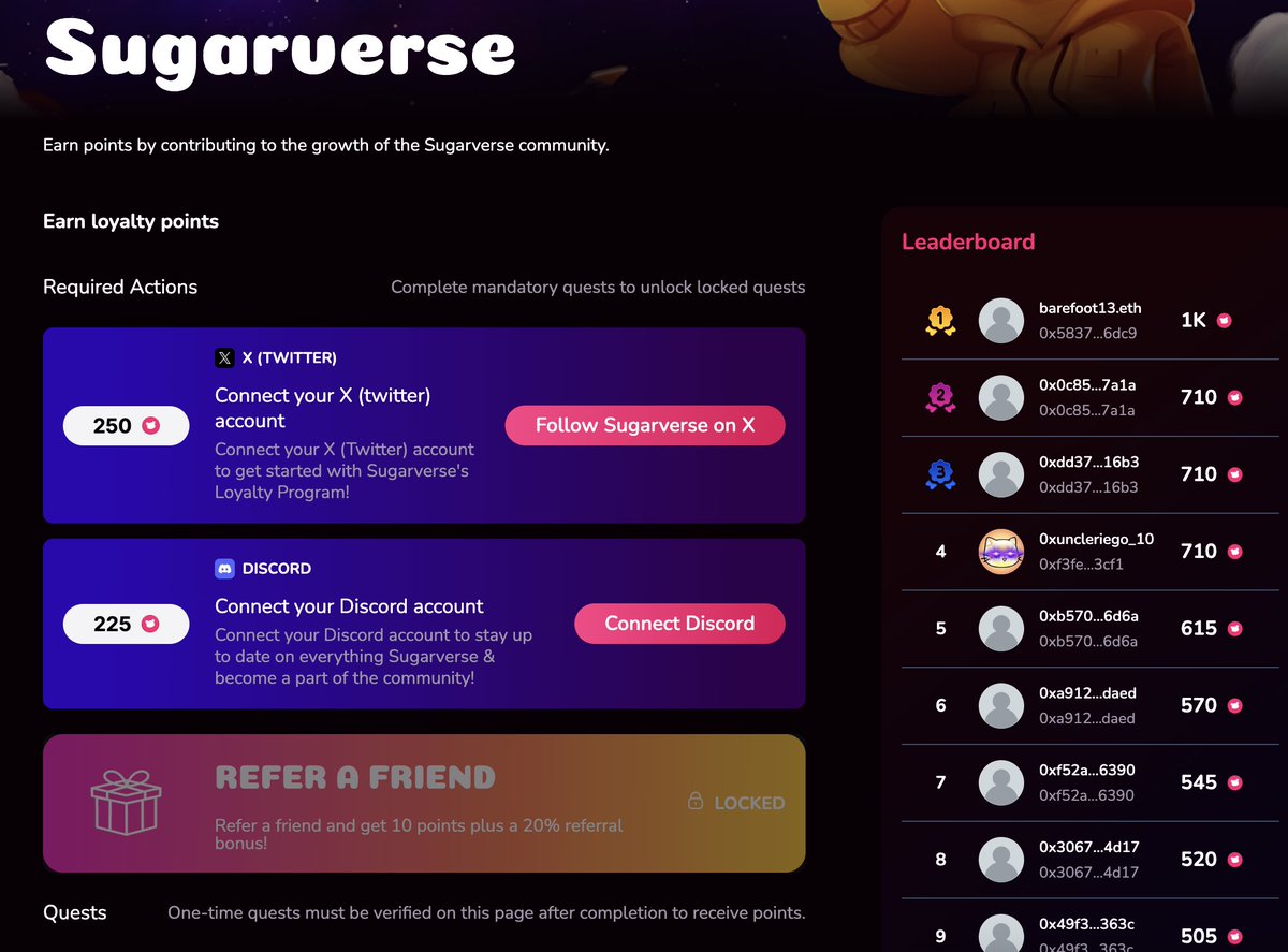 searchfi_eth's tweet photo. 📢 Tired of meme coin losses? Here’s your chance to win big!
 Sugarverse Loyalty Program is here with a $100,000 Airdrop🪂 waiting for you!

Plus, the Top 5% on the leaderboard will enter a $10,000 $XTZ !

You can get more points if you use a referral code.
Of course, more points receive more airdrops. @Real_Sugarverse