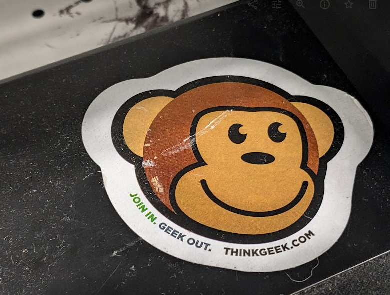 timothylord's tweet image. Nostalgic thrift find, left in situ. Timmy is still simianly smiling. #thinkgeek