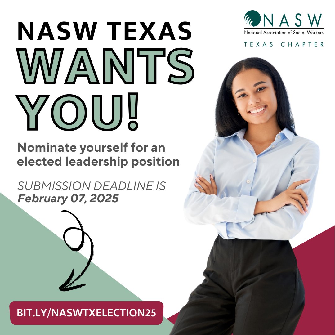 Run! Any #NASWTX member in good standing may run for an elected position, so please consider running for a volunteer leadership position in our upcoming 2025 Chapter Elections. Application deadline is February 7, 2025. Learn more, bit.ly/NASWTXElection…