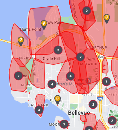 MedinaPoliceWA's tweet photo. Power is currently out in all of Hunts Point and most of Medina. According to @PSETalk, there is no restoration ETA at this time. Please be careful around downed trees and powerlines. Check the outage map on their website for updates. See Medina Police E-Lert for more details. https://t.co/2oWT91VshG