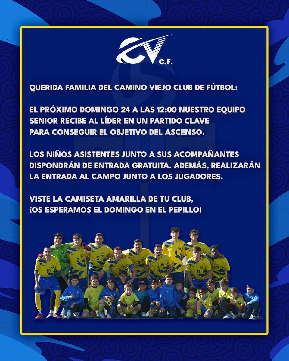 🟡 ¡𝗧𝗢𝗗𝗢𝗦 𝗖𝗢𝗡 𝗡𝗨𝗘𝗦𝗧𝗥𝗢 𝗘𝗤𝗨𝗜𝗣𝗢!

👕 Viste tu camiseta amarilla y salta al campo con los jugadores.

📆 Domingo 24 de noviembre
⏰ 12:00h

#NuestroCamino #CaminoViejo