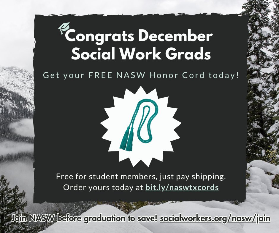🎓 Social work grads: @NASW members get a FREE teal honor cord for graduation! Show your social work pride on your big day. Order here: bit.ly/naswtxcords

Not a member? Join now to save &amp; get your cord in time: socialworkers.org/nasw/join
