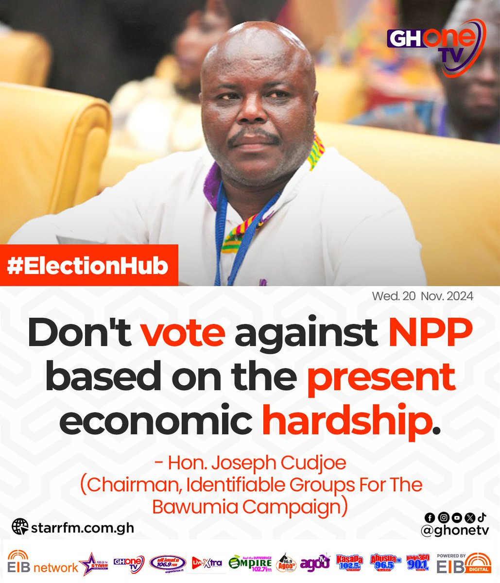 ghonetv's tweet photo. #ElectionHub: Joseph Cudjoe, Chairman of the Identifiable Groups for the Bawumia Campaign appeals to Ghanaians not to let the current economic challenges influence their decision to vote against the NPP in the December 7 elections...

#GHOneNews
#EIBNetwork #NPP 
#GHOneTV #NDC https://t.co/iAVZCo9F0i