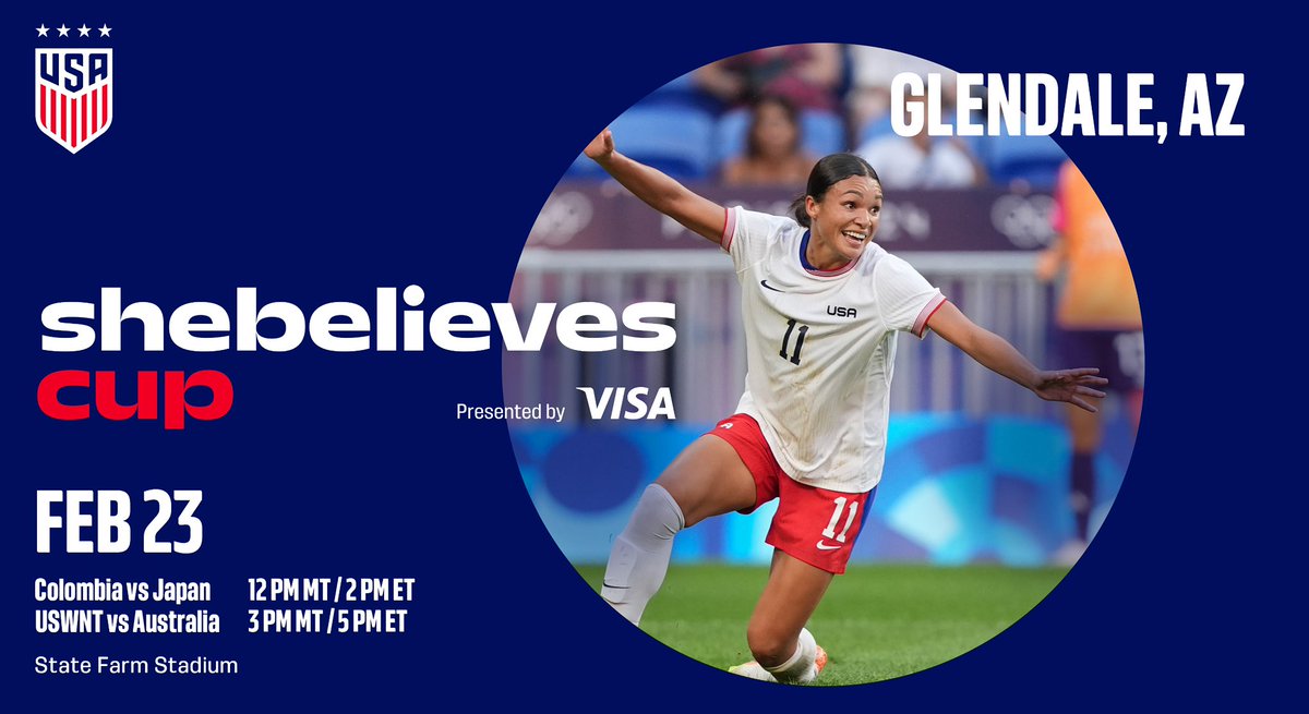 AZ Major Events Host Committee (@azmajorevents) on Twitter photo ⚽️🇺🇸 The #SheBelievesCup, featuring the <a href="/USWNT/">U.S. Women's National Soccer Team</a>, is coming to <a href="/StateFarmStdm/">State Farm Stadium</a> in Glendale, AZ, in February 2025!
Tickets go on sale to the public THIS Friday, Nov. 22 at 10 AM MT.
🎟️ seatgeek.com/shebelieves-cu… ⚽️🇺🇸 The #SheBelievesCup, featuring the <a href="/USWNT/">U.S. Women's National Soccer Team</a>, is coming to <a href="/StateFarmStdm/">State Farm Stadium</a> in Glendale, AZ, in February 2025!
Tickets go on sale to the public THIS Friday, Nov. 22 at 10 AM MT.
🎟️ seatgeek.com/shebelieves-cu…