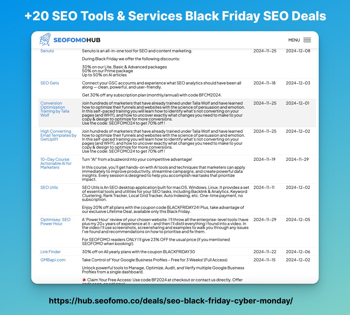 There are now +20 SEO Tools &amp; Services featured in the #SEOFOMO Black Friday SEO Deals 💸 Among them: <a href="/awebranking/">Advanced Web Ranking</a> , Wincher, <a href="/AlsoAsked/">AlsoAsked</a>, <a href="/seogets/">seogets</a>, <a href="/SenutoTool/">Senuto</a>, <a href="/LinkFinderOK/">Link Finder</a>, <a href="/Pixpa/">Pixpa</a>, <a href="/RankSuite_/">RankSuite</a>, <a href="/MLforSEO/">MLforSEO</a> and more! Check it out: hub.seofomo.co/deals/seo-blac…