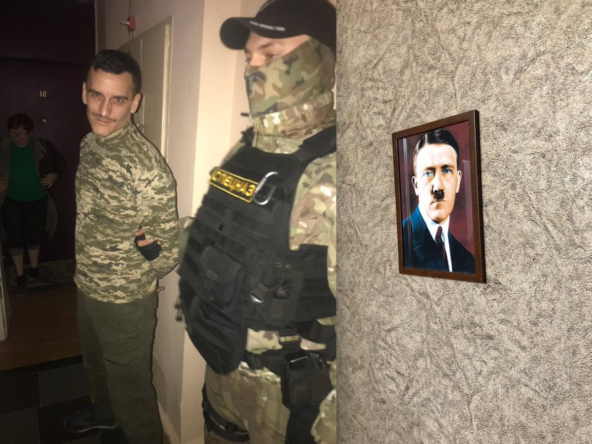 ⬇️Neo-Nazi former police officer detained in 2019 for threatening Zelensky with a grenade launcher. Azov veteran Serhiy Shutkov aka "Otto" had a Hitler portrait in his apartment. In this video he's wearing a patch with the Nazi SS slogan. Friends recalled that he "shot traitors,