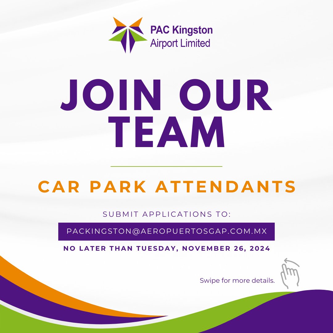NMIA_Airport's tweet photo. We're Hiring! Join PAC Kingston Limited as a Car Park Attendant! Swipe for more details.

Submit applications to packingston@aeropuertosgap.com.mx by Nov. 26!

#KingstonAirport #JobAlert https://t.co/uNWXlWZK58