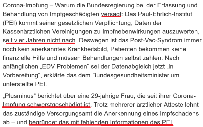 Heute kommen erstmals die schweren Rechtsverstöße des PEI und RKI ins Fernsehen, die sich seit fast 4 Jahren weigern, Krankenkassendaten über Impfschäden auszuwerten.

Plusminus (ARD). Nicht wie üblich um 21:45, sondern um 23:35. Berichtspflicht erfüllt, aber keiner sieht's.

So