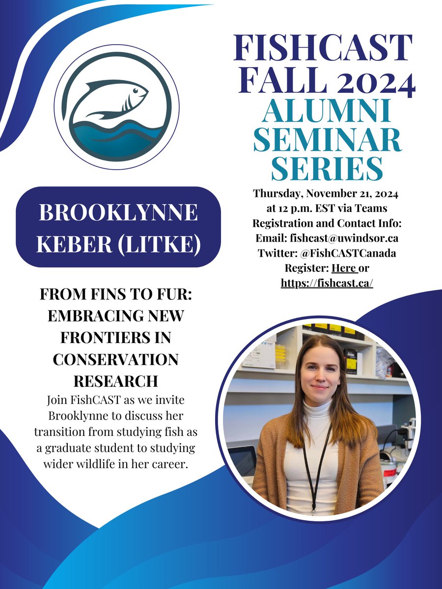 Join <a href="/FishCASTCanada/">FishCAST</a> tomorrow, November 21, 2024, at 12 pm EST for a presentation from <a href="/BrooklynneLitke/">Brooklynne Litke</a>! She will be sharing how she transitioned from studying fish to wider wildlife in her career. 🐟🐻 
Registration available here:  events.teams.microsoft.com/event/0f1e72af…