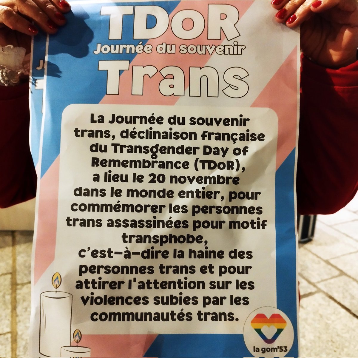 mlclavreul's tweet photo. Des témoignages forts, des prises de parole puissantes pour commémorer toutes les victimes de transphobie ce soir à Laval.
Merci à @LaGom53 pour l'organisation de ce temps et pour toutes les actions menées tout au long de l'année. https://t.co/xHyKCBn1OH
