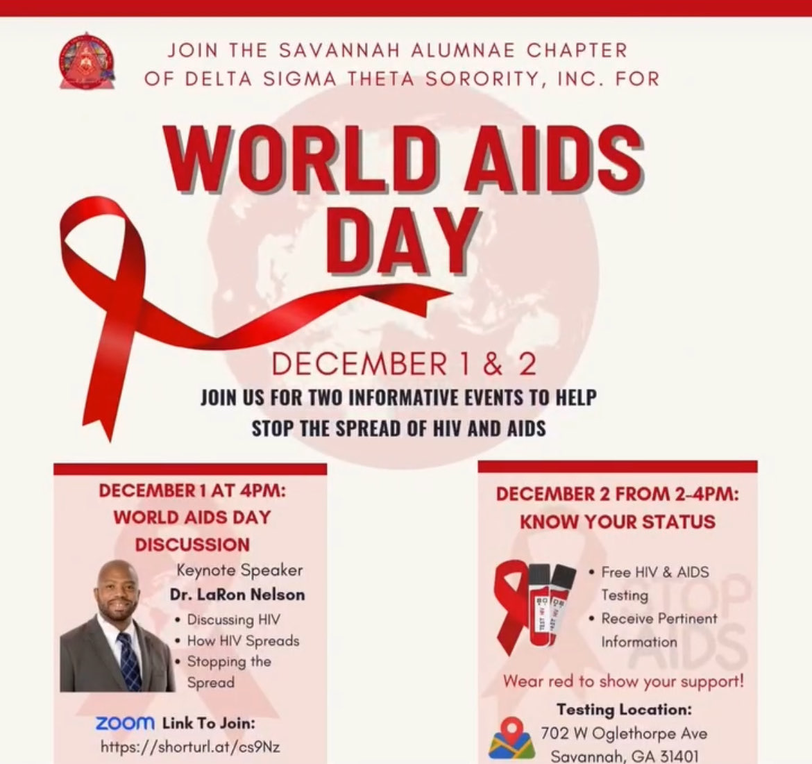 DST_SAC's tweet photo. Join us as we stand united against HIV/AIDS. We're hosting 2 impactful events:  

Dec. 1: A discussion featuring Keynote Speaker, Dr. LaRon Nelson, on understanding HIV transmission and prevention strategies. Join us at 4PM via the link in our bio. https://t.co/zAHrWtKDpf