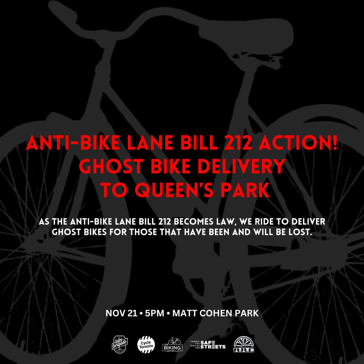 Tomorrow is the final reading of Bill 212, so we will ride to deliver 2 Ghost Bikes as the Conservative Govt confirms their intention to rip out our safe infrastructure.

Join us at 5pm Bloor and Spadina. We ride at 5:30 to Queen's Park!!! #BikeTO ALL OUT!!!!
📷 <a href="/tomflood1/">Tom Flood</a>