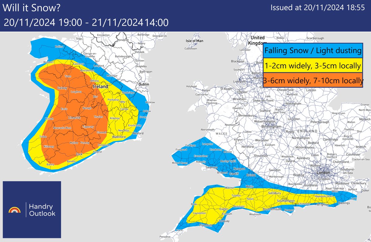 Snowfall Forecast:
Valid: Now - Thursday 14:00
A band of heavy precipitation associated with a low pressure system is likely to fall as snow across many parts of Ireland and southern England. 
Here are the details: