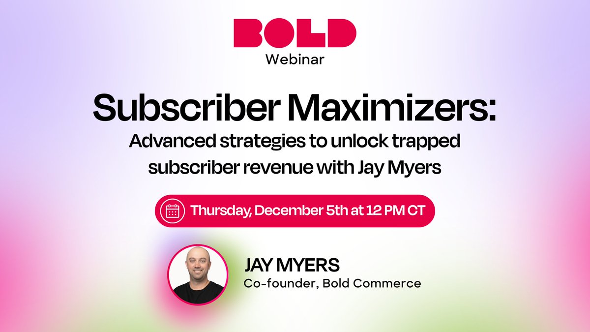 bold_commerce's tweet image. Your subscribers are sitting on a goldmine—and it’s time to cash in! 💰 Join Jay Myers, Co-founder of @bold_commerce for the ultimate subscription revenue masterclass
👉 bit.ly/40YsPTA

#boldapps #subscriptions #webinar