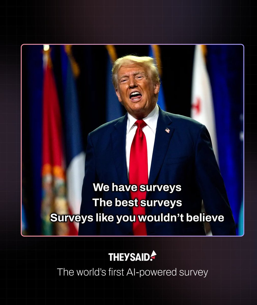 TheySaidHQ's tweet photo. Traditional survey are sucky.  We are fixing these problems with AI:

1) It's hard to write good surveys
2) It's hard to get people to take surveys
3) Surveys are boring to take
4) It's hard to get real customer understanding from Surveys
5) It's hard to take action on Surveys https://t.co/crWhPgeZ62