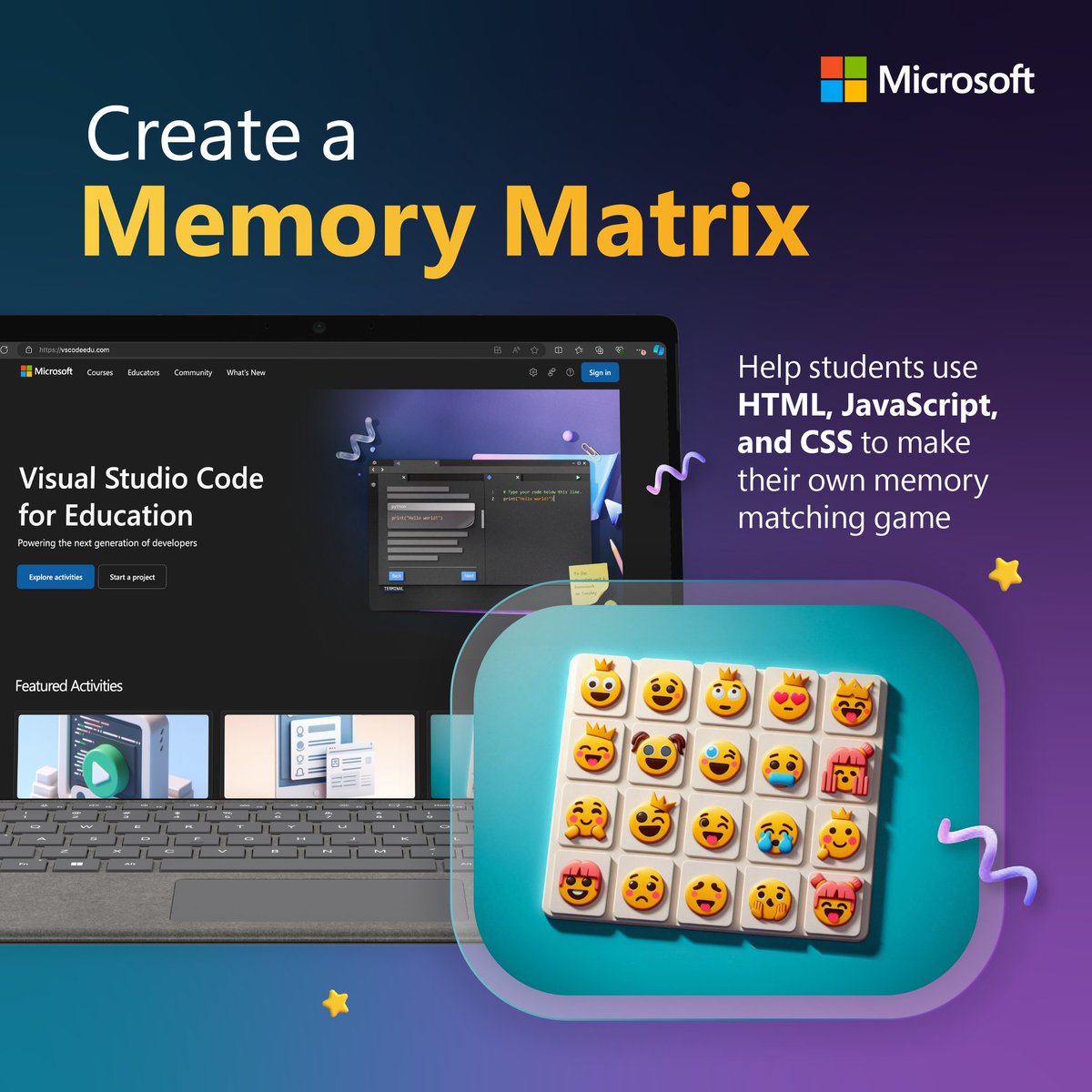 A #CSEdWeek activity idea: inspire your students with the Memory Matrix coding course from Visual Studio Code for Education.  
 
This way to coding, history, gaming, and excitement. ➡️ msft.it/6019WtWZU

#MicrosoftEDU