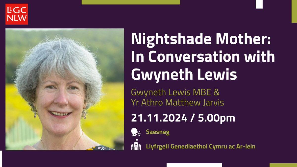 Nightshade Mother: In Conversation with Gwyneth Lewis

Ymunwch â Gwyneth Lewis, Bardd Cenedlaethol cyntaf Cymru, a’r Athro Matthew Jarvis yfory wrth iddynt drafod hunangofiant rhyfeddol newydd Gwyneth, a’i fagwraeth wenwynig gan ei mam. 

🔗 llyfrgell.cymru/digwyddiadau
