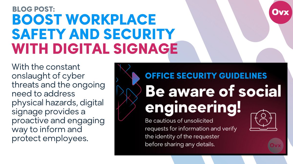 Omnivex's tweet image. With the constant onslaught of cyber threats and the ongoing need to address physical hazards, #digitalsignage provides a proactive and engaging way to inform and protect employees. Read our blog: omnivex.com/company/blog/b… #cybersecurity #emergencynotifications